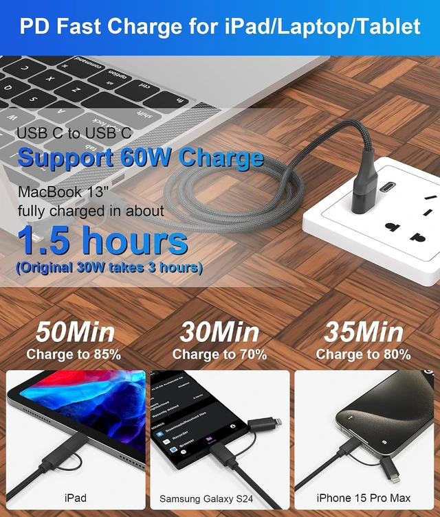 Alt view image 6 of 7 - USB C and Lightning Cable 4-in-1 Charging Cord 60W Fast Charging & Data Sync 6FT MFi Certified Nylon Braided Cable for iPhone 17/16/15/14 iPad MacBook CarPlay - Anti-Tangle Design