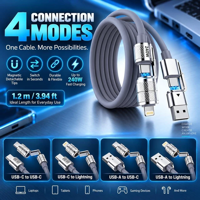 Alt view image 3 of 7 - 1PC 4-in-1 Multi Function Charging Cable 4 Colors Available Multi Port Phone Charger Cord for Daily Use (Grey)
