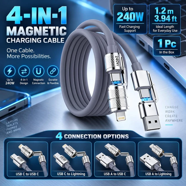Alt view image 2 of 7 - 1PC 4-in-1 Multi Function Charging Cable 4 Colors Available Multi Port Phone Charger Cord for Daily Use (Grey)