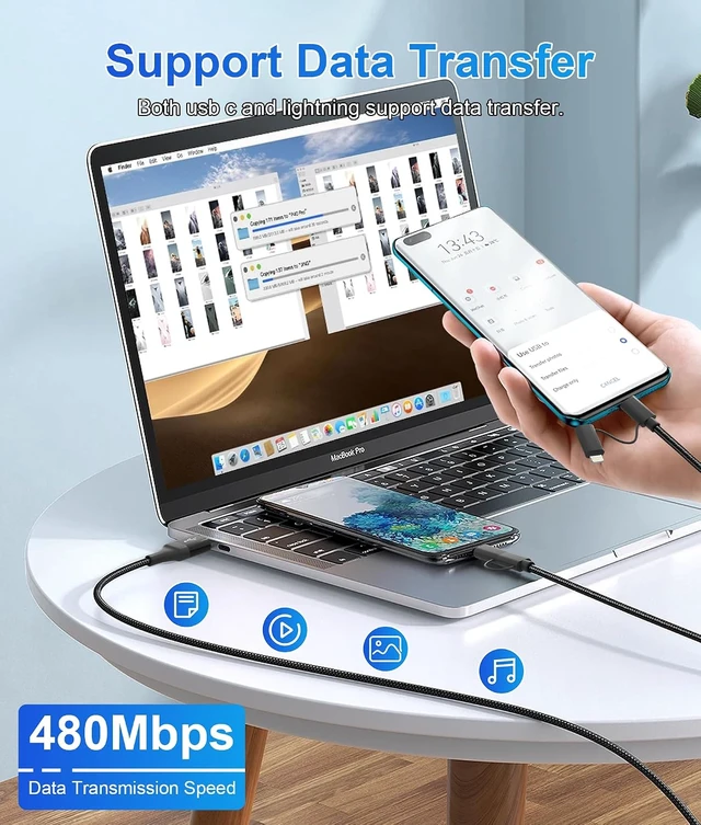 Alt view image 7 of 7 - USB C and Lightning Cable 4-in-1 Charging Cord 60W Fast Charging & Data Sync 6FT MFi Certified Nylon Braided Cable for iPhone 17/16/15/14 iPad MacBook CarPlay - Anti-Tangle Design