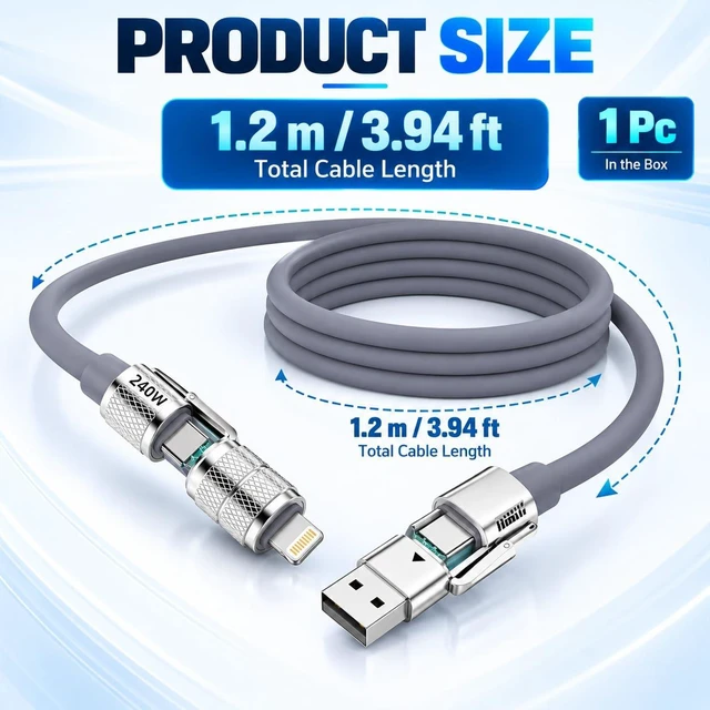 Alt view image 7 of 7 - 1PC 4-in-1 Multi Function Charging Cable 4 Colors Available Multi Port Phone Charger Cord for Daily Use (Grey)