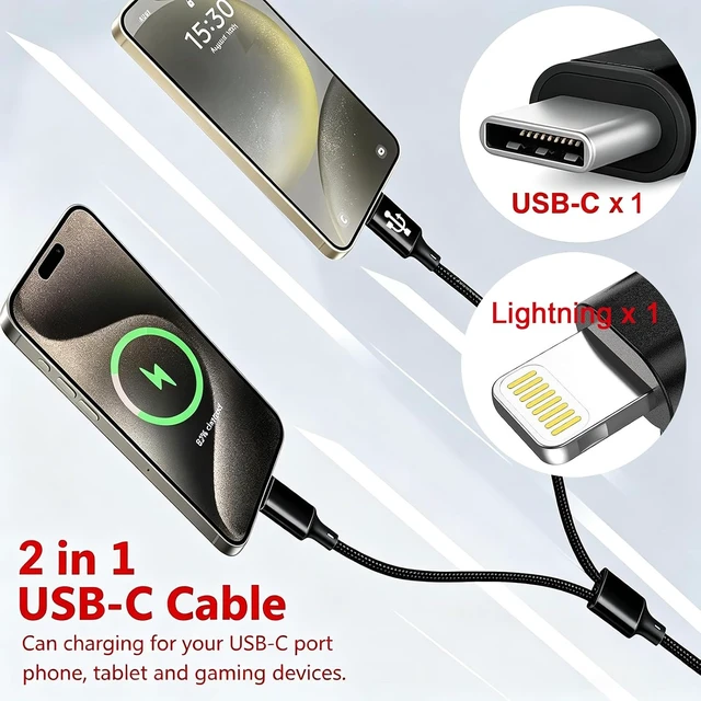 Alt view image 4 of 6 - Multi Charging Cable 4FT 2-in-1 2Pack USB C + Lightning Port