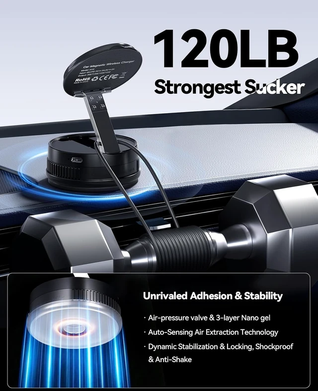 Alt view image 6 of 7 - 2026 Upgraded 15W MagSafe Car Mount Charger Magnetic Wireless Car Charger 360° Rotatable Strong Hold Car Phone Mount with Vacuum Suction Cup & Nano Adhesive Base for iPhone 17 16 15 14 13 12