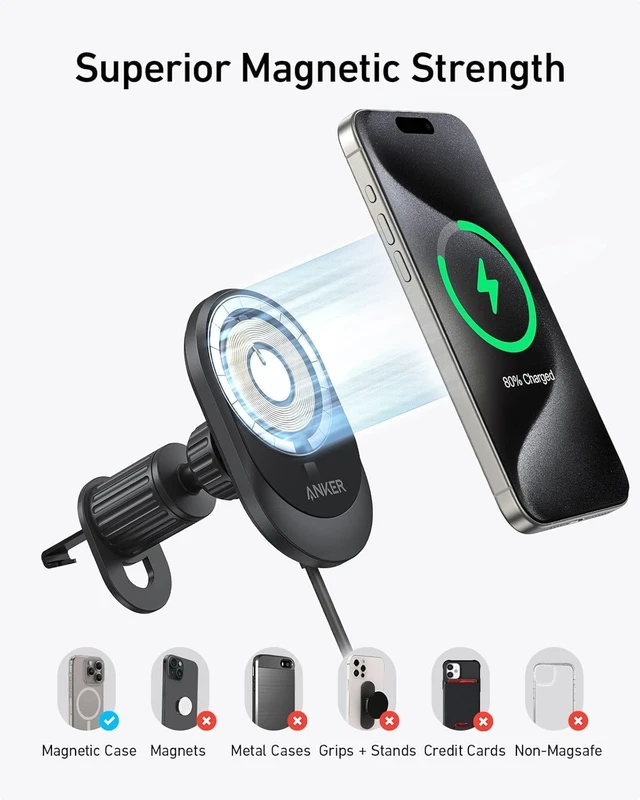 Alt view image 2 of 6 - MagGo Qi2 Wireless Car Charger 15W Magnetic Mount Fast Charging for iPhone 12-16 Series Adjustable Viewing Angle USB-C Black