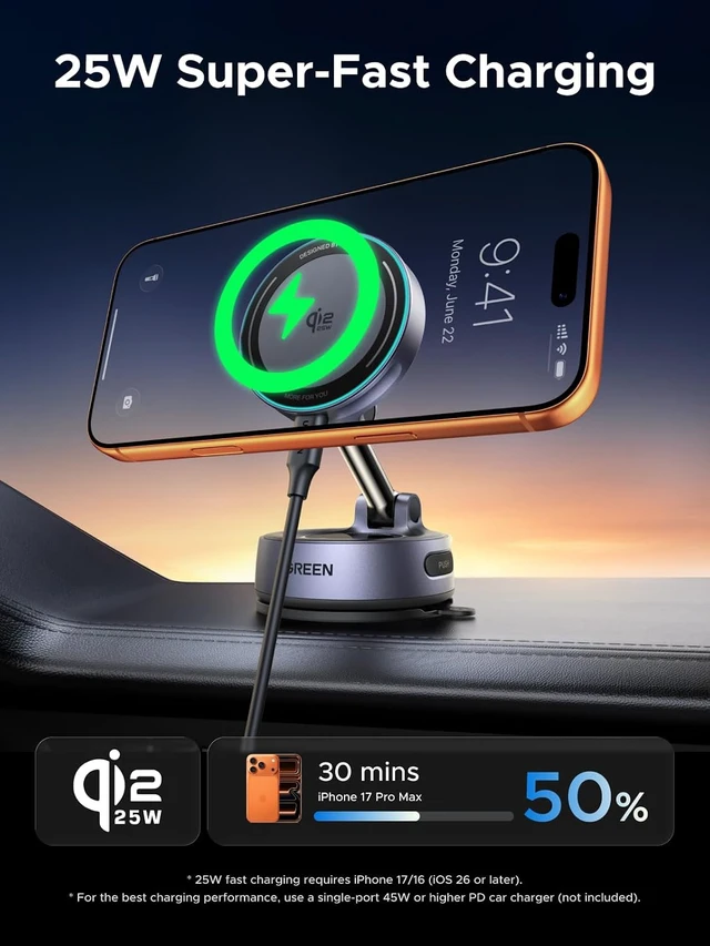 Alt view image 2 of 7 - 25W Qi2.2 MagSafe Compatible Wireless Car Charger Mount Suction Cup
