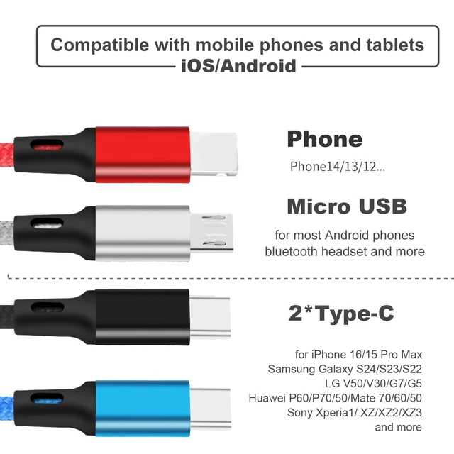 Alt view image 4 of 7 - 4 in 1 Multi Charging Cable 4FT/2Pcs Universal 3A Fast Charger Cord