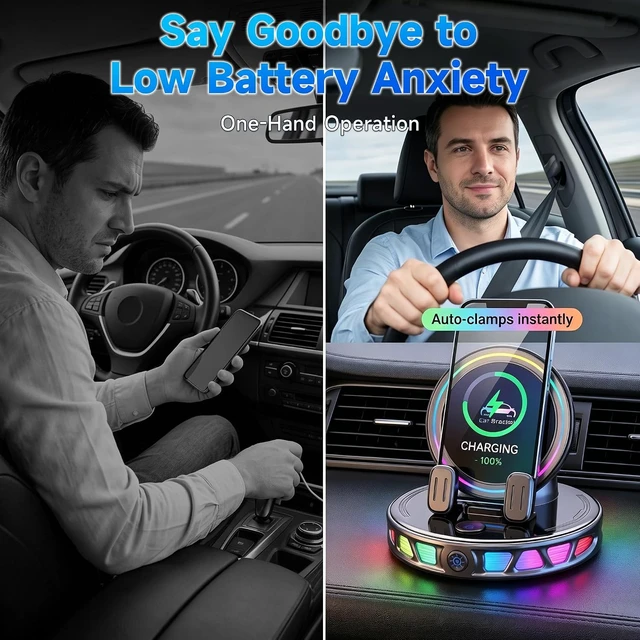 Alt view image 4 of 7 - 360° Rotation 15W Wireless Car Phone Mount Charger with RGB Ambient Light