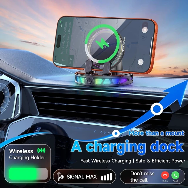 Alt view image 2 of 7 - 360° Rotation 15W Wireless Car Phone Mount Charger with RGB Ambient Light