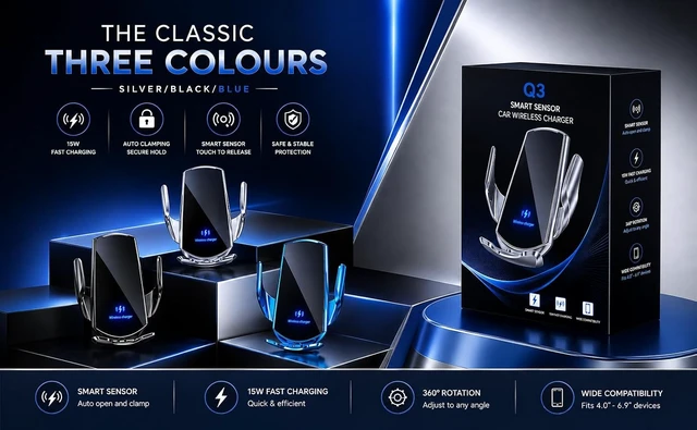 Alt view image 5 of 5 - Q3 Smart Sensor Wireless Car Charger Mount 15W Qi Fast Charging Blue