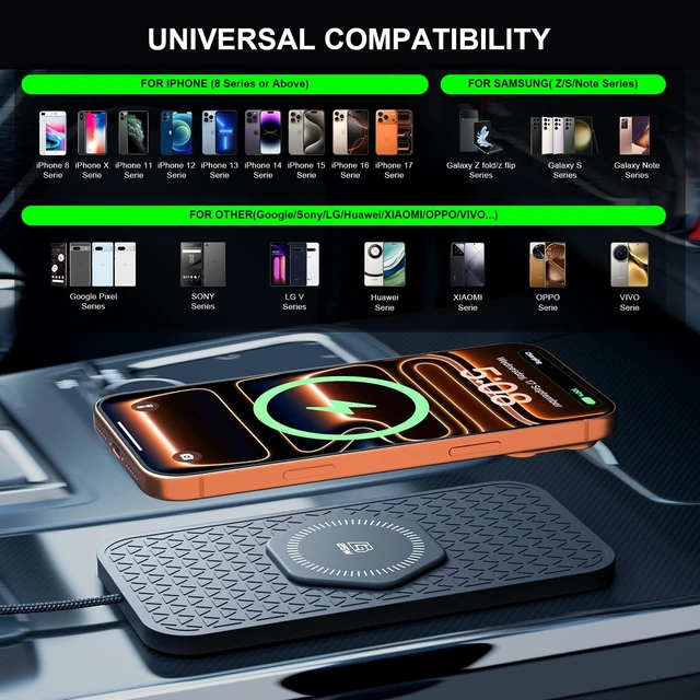 Alt view image 2 of 7 - 25W Wireless Car Charger Fast No-Slip Charging Pad Compatible with iPhone 17/16/15/14/13/12/11/X/8 Series Compatible with Galaxy Z Fold/Flip S/Note Series Qi Android Phones Black