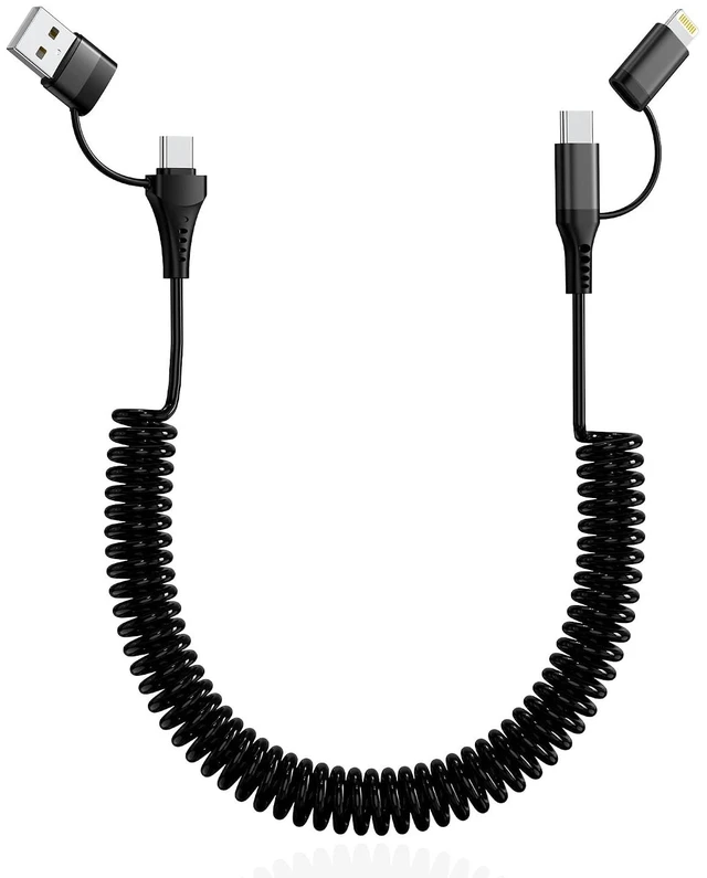 Main image of 4-in-1 Car CarPlay Cable 6ft for iPhone Charger Cable USB C and Lightning Cable 2-in-1 Coiled Multi Fast Charging Cable for iPhone 18/17/16/15/14/13 iPad Supports CarPlay & Android Auto Black