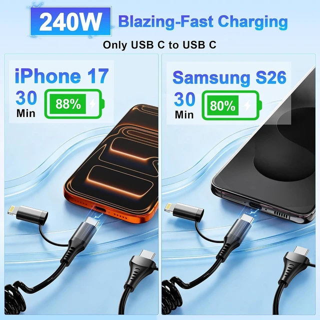 Alt view image 4 of 7 - 4-in-1 Car CarPlay Cable 6ft for iPhone Charger Cable USB C and Lightning Cable 2-in-1 Coiled Multi Fast Charging Cable for iPhone 18/17/16/15/14/13 iPad Supports CarPlay & Android Auto Black