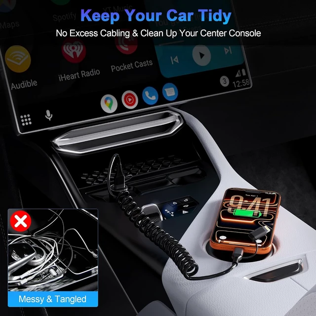 Alt view image 5 of 7 - 4-in-1 Car CarPlay Cable 6ft for iPhone Charger Cable USB C and Lightning Cable 2-in-1 Coiled Multi Fast Charging Cable for iPhone 18/17/16/15/14/13 iPad Supports CarPlay & Android Auto Black
