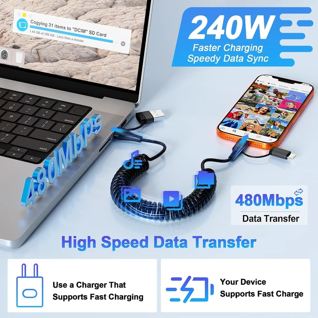 Alt view image 6 of 7 - 4-in-1 Car CarPlay Cable 6ft for iPhone Charger Cable USB C and Lightning Cable 2-in-1 Coiled Multi Fast Charging Cable for iPhone 18/17/16/15/14/13 iPad Supports CarPlay & Android Auto Black