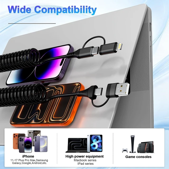 Alt view image 7 of 7 - 4-in-1 Car CarPlay Cable 6ft for iPhone Charger Cable USB C and Lightning Cable 2-in-1 Coiled Multi Fast Charging Cable for iPhone 18/17/16/15/14/13 iPad Supports CarPlay & Android Auto Black