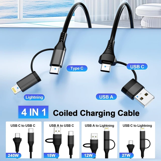 Alt view image 2 of 7 - 4-in-1 Car CarPlay Cable 6ft for iPhone Charger Cable USB C and Lightning Cable 2-in-1 Coiled Multi Fast Charging Cable for iPhone 18/17/16/15/14/13 iPad Supports CarPlay & Android Auto Black