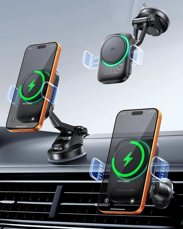 Main image of 3-in-1 Magnetic Wireless Car Charger- Extra Clamp for Bumpy Road Cooling Fan to Extend Battery Life Original Qi2 Certified 15W Fast Charging for iPhone 12-17 Series Magsafe Car Charger Holder