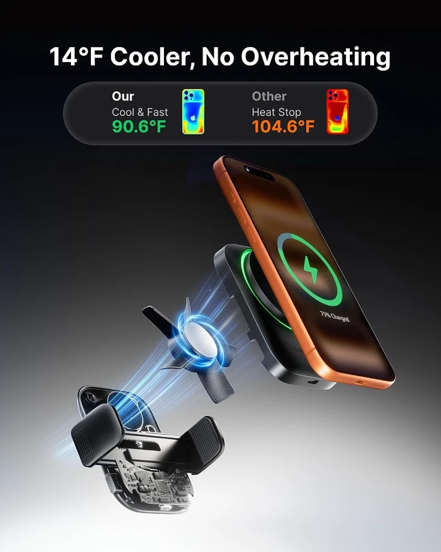 Alt view image 3 of 7 - 3-in-1 Magnetic Wireless Car Charger- Extra Clamp for Bumpy Road Cooling Fan to Extend Battery Life Original Qi2 Certified 15W Fast Charging for iPhone 12-17 Series Magsafe Car Charger Holder