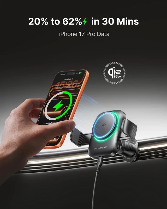 Alt view image 4 of 7 - 3-in-1 Magnetic Wireless Car Charger- Extra Clamp for Bumpy Road Cooling Fan to Extend Battery Life Original Qi2 Certified 15W Fast Charging for iPhone 12-17 Series Magsafe Car Charger Holder