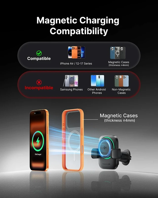 Alt view image 6 of 7 - 3-in-1 Magnetic Wireless Car Charger- Extra Clamp for Bumpy Road Cooling Fan to Extend Battery Life Original Qi2 Certified 15W Fast Charging for iPhone 12-17 Series Magsafe Car Charger Holder
