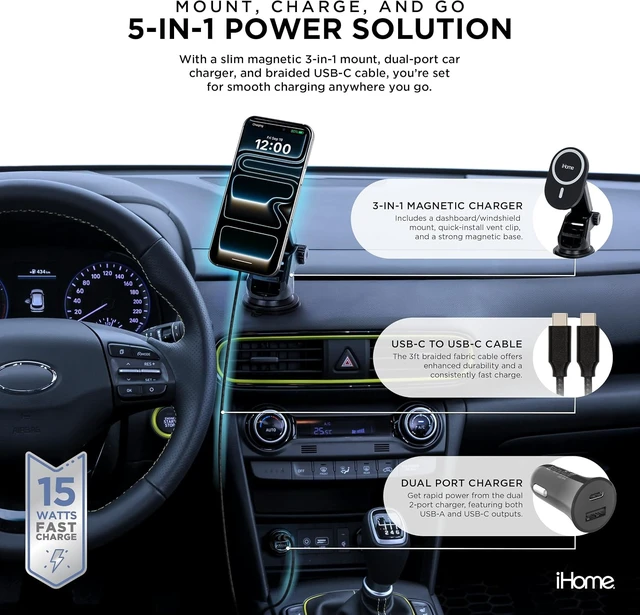 Alt view image 2 of 5 - 5-in-1 Complete Car Charging Kit 15W MagSafe Charger Dual Port Adapter Mounts & Cable