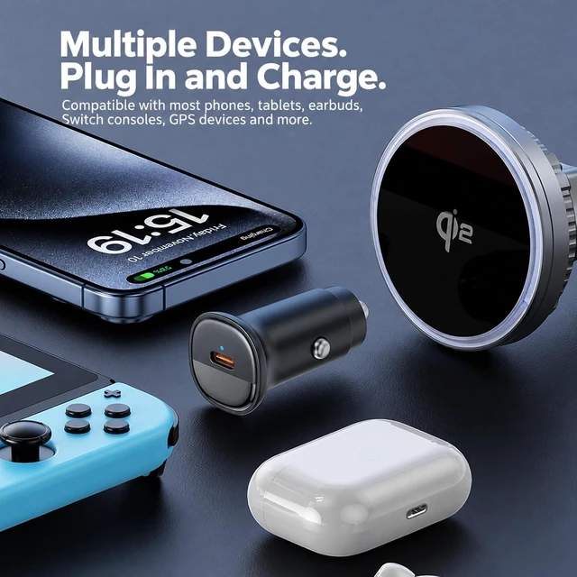 Alt view image 3 of 7 - 45W USB-C Car Charger PD/PPS Adapter for Qi2.2 25W Wireless Chargers