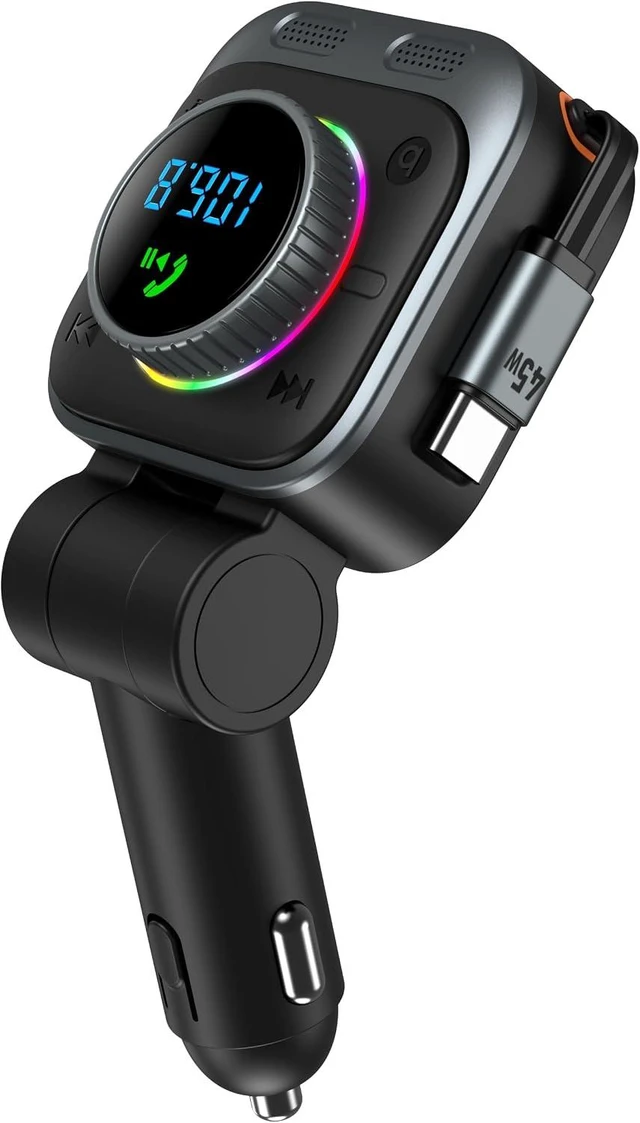 Main image of 72W Bluetooth 5.4 FM Transmitter Car Charger 75CM Retractable USB-C Cable Hands-Free Calling Hi-Fi Bass USB-C& A Ports 12V-24V Compatible TR128