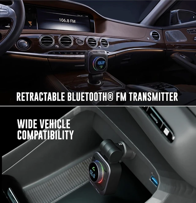 Alt view image 2 of 7 - 72W Bluetooth 5.4 FM Transmitter Car Charger 75CM Retractable USB-C Cable Hands-Free Calling Hi-Fi Bass USB-C& A Ports 12V-24V Compatible TR128