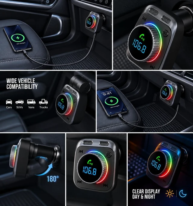 Alt view image 5 of 7 - 72W Bluetooth 5.4 FM Transmitter Car Charger 75CM Retractable USB-C Cable Hands-Free Calling Hi-Fi Bass USB-C& A Ports 12V-24V Compatible TR128