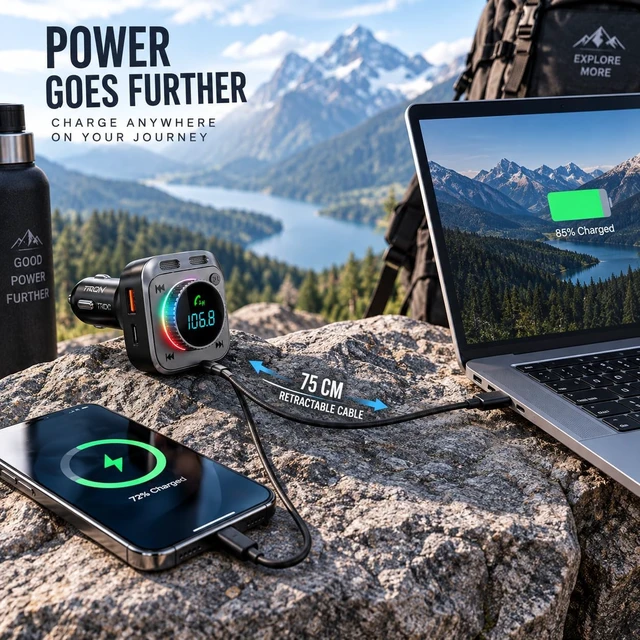 Alt view image 6 of 7 - 72W Bluetooth 5.4 FM Transmitter Car Charger 75CM Retractable USB-C Cable Hands-Free Calling Hi-Fi Bass USB-C& A Ports 12V-24V Compatible TR128