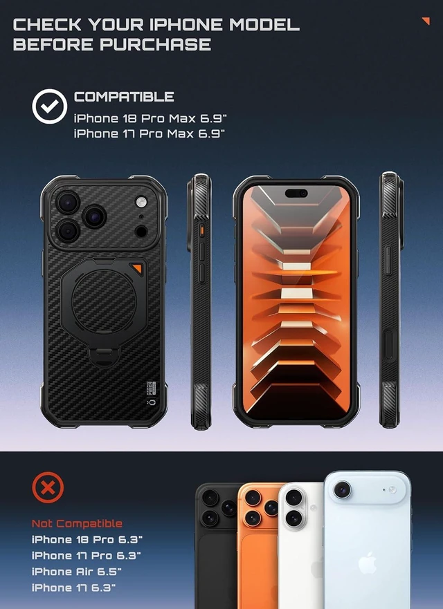 Alt view image 2 of 7 - for iPhone 18 Pro Max Case with 360° Rotating Stand Aramid Black