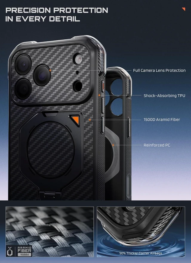 Alt view image 5 of 7 - for iPhone 18 Pro Max Case with 360° Rotating Stand Aramid Black
