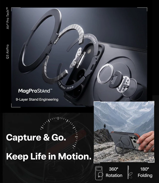 Alt view image 3 of 7 - Q3 Air Pro for iPhone 18 Pro Max Case 360° Mag Stand Dual Airbags