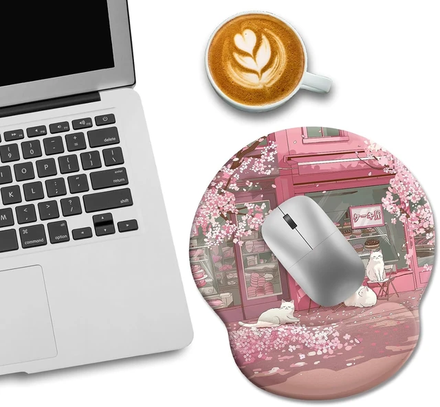 Alt view image 2 of 7 - Cat Ergonomic Mouse Pad with Wrist Rest Pink Cherry Blossom Computer Mouse Pad Wrist Support with Non-Slip Pain Relief PU Base Cute Office Desk Decor Accessories Japanese Dessert House