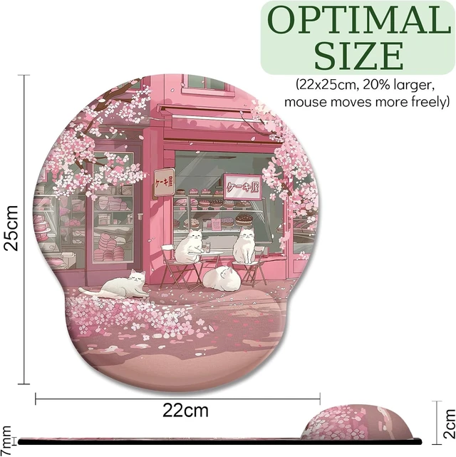 Alt view image 4 of 7 - Cat Ergonomic Mouse Pad with Wrist Rest Pink Cherry Blossom Computer Mouse Pad Wrist Support with Non-Slip Pain Relief PU Base Cute Office Desk Decor Accessories Japanese Dessert House