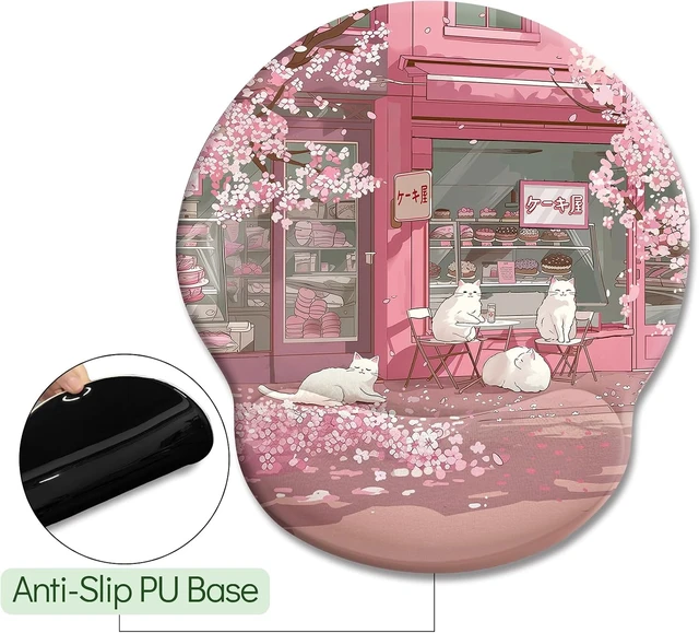 Alt view image 5 of 7 - Cat Ergonomic Mouse Pad with Wrist Rest Pink Cherry Blossom Computer Mouse Pad Wrist Support with Non-Slip Pain Relief PU Base Cute Office Desk Decor Accessories Japanese Dessert House