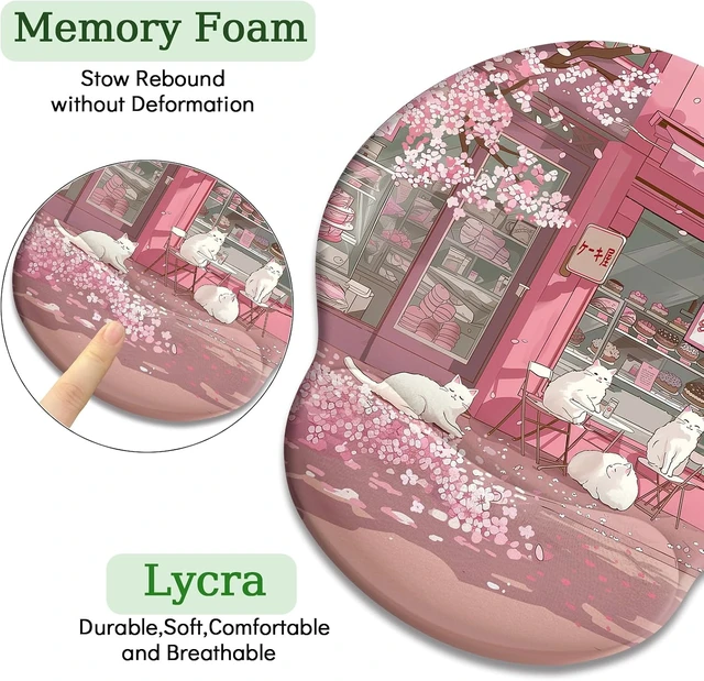 Alt view image 6 of 7 - Cat Ergonomic Mouse Pad with Wrist Rest Pink Cherry Blossom Computer Mouse Pad Wrist Support with Non-Slip Pain Relief PU Base Cute Office Desk Decor Accessories Japanese Dessert House