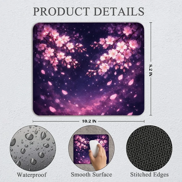 Alt view image 2 of 7 - Japanese Sakura Mouse Pad - Sakura Anime Gifts Cherry Blossoms Anime Desk Decor Square Waterproof Non-Slip Rubber Base Pink and Black Mousepad for Computers Office 7.9x9.5 Inch