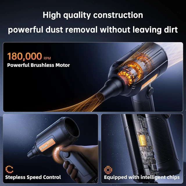 Alt view image 4 of 7 - Electric Air Duster 500W High-Power Corded Compressed Air Canister Replacement with Adjustable Speed 10ft Cable - for Electronics PC Keyboard Car Camera Inflatable Pool Toys