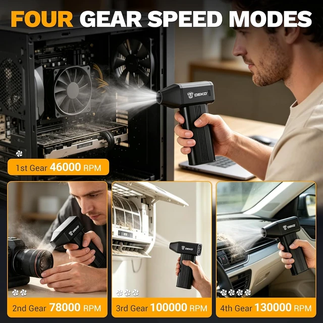 Alt view image 3 of 7 - Compressed Air Duster 130000RPM High-Speed Electric Air Duster with 220G Wind Pressure 4-Speed Adjustable Dust Blower for PC Cleaning Kit Computer Keyboard Black