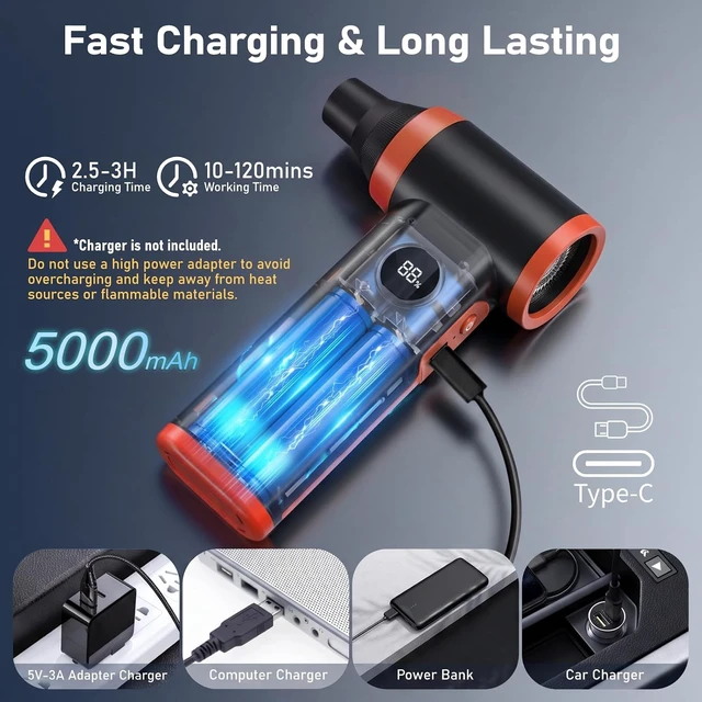 Alt view image 3 of 7 - Compressed Air Duster Rechargeable Electric Air Duster for PC Keyboard Mini Dust Blower 130000RPM Cordless Air Blower Jet Dryer Turbo Fan Handheld Blower for Car Home Office Black-Orange