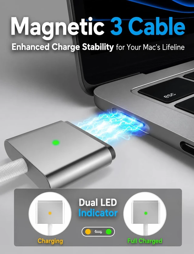 Alt view image 3 of 7 - USB-C to Magnetic 3 Cable 6.6FT for MacBook Air/Pro 13-16 M1-M5 2021-2026
