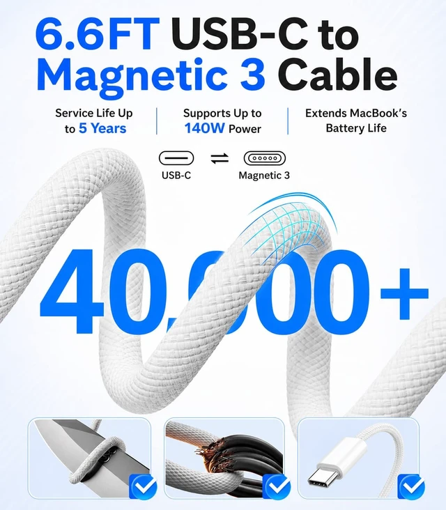 Alt view image 4 of 7 - USB-C to Magnetic 3 Cable 6.6FT for MacBook Air/Pro 13-16 M1-M5 2021-2026