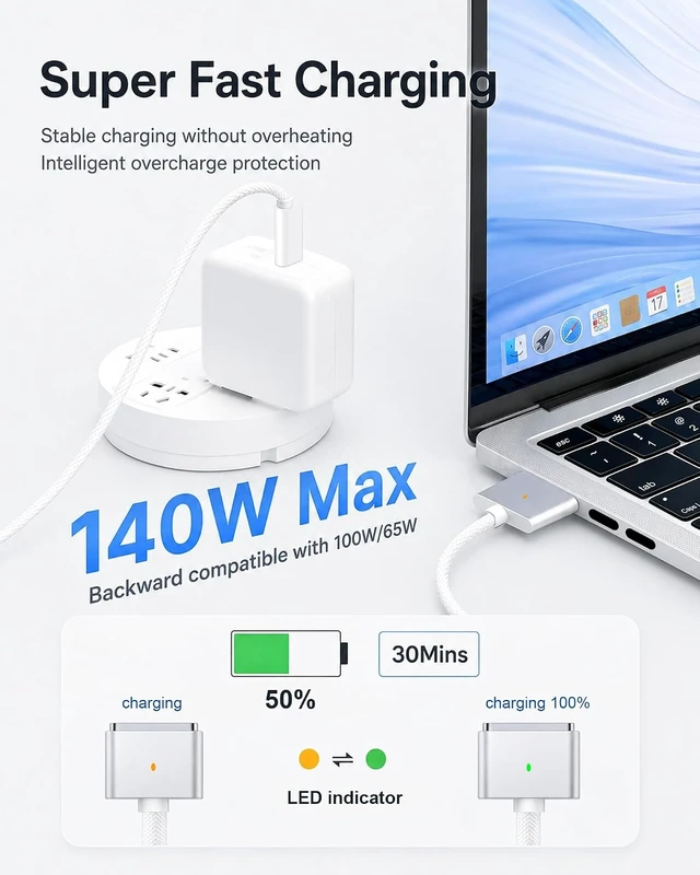 Alt view image 4 of 7 - USB-C to Magnetic 3 Cable 6.6FT 140W Magnetic Safe 3 Cable