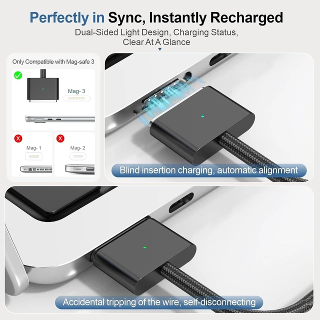 Alt view image 4 of 6 - 140W USB-C to Magnetic 3 Cable 6.6ft for MacBook Pro/Air M2-M5 Black