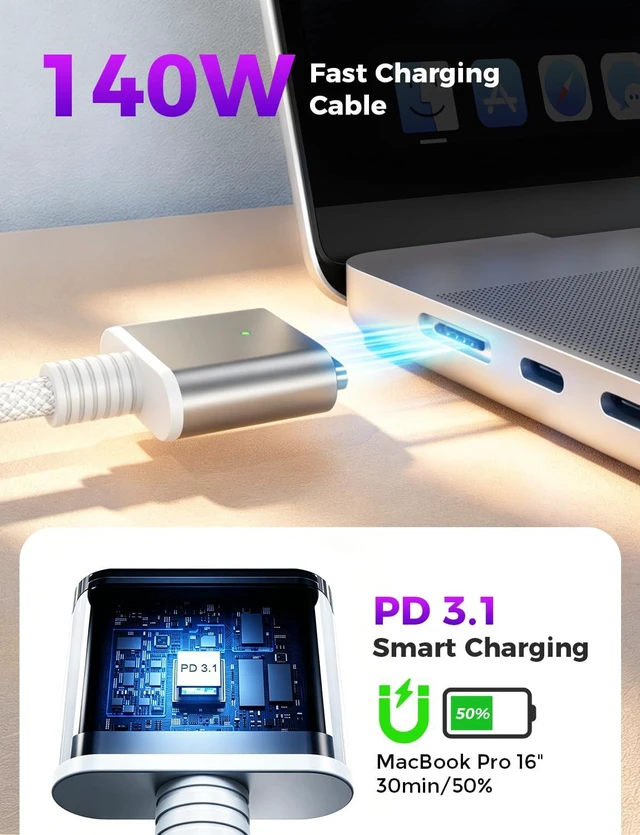 Alt view image 5 of 7 - 140W USB-C to Magnetic 3 Cable 6.6FT for MacBook Pro Air