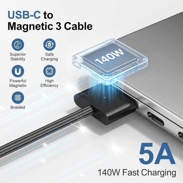 Alt view image 3 of 6 - 140W USB-C to Magnetic 3 Cable 6.6ft for MacBook Pro/Air M2-M5 Black