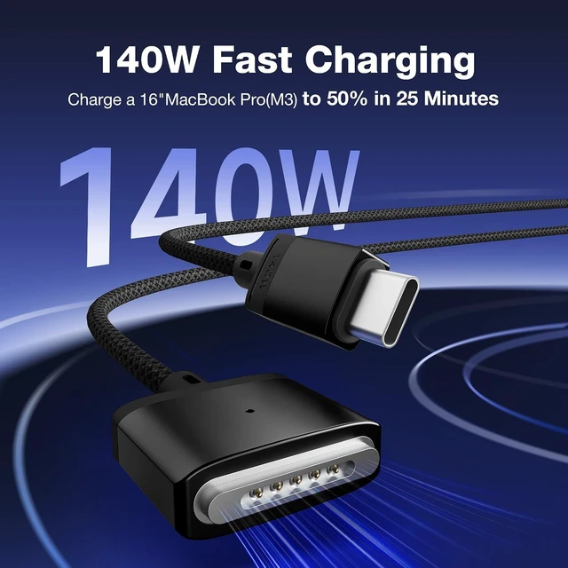 Alt view image 3 of 6 - Magnetic 3 Cable USB-C 6.6FT Compatible with M5/M4/M3/M2 MacBook Air Pro Charger 140W Cable for MacBook Air (13/15 2026/2025/2024/2023/2022) Pro (16/14 2026/2025/2024/2023/2021) Black