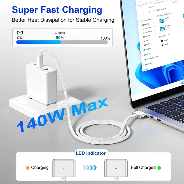 Alt view image 3 of 6 - USB-C to Magnetic 3 Cable 140W Magnetic Charging Cable for MacBooks