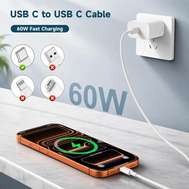 Alt view image 2 of 7 - USB C to USB C Cable 60W Type C Cable 3-Pack 3FT with Couplers White